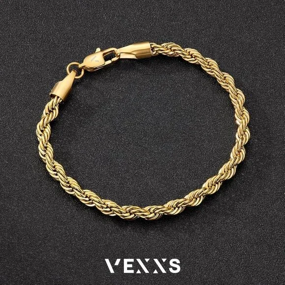⭐ VEXXS Men's 18K Gold Plated Rope Chain Bracelet 5mm Durable No Fade